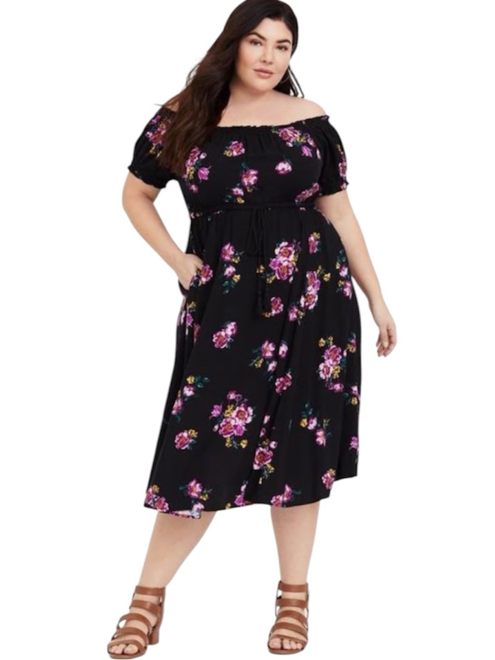 Torrid Black Off-Shoulder Floral Challis Midi Dress